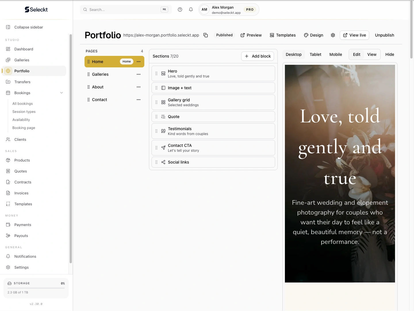 Portfolio builder with section blocks and a live preview of the public site.